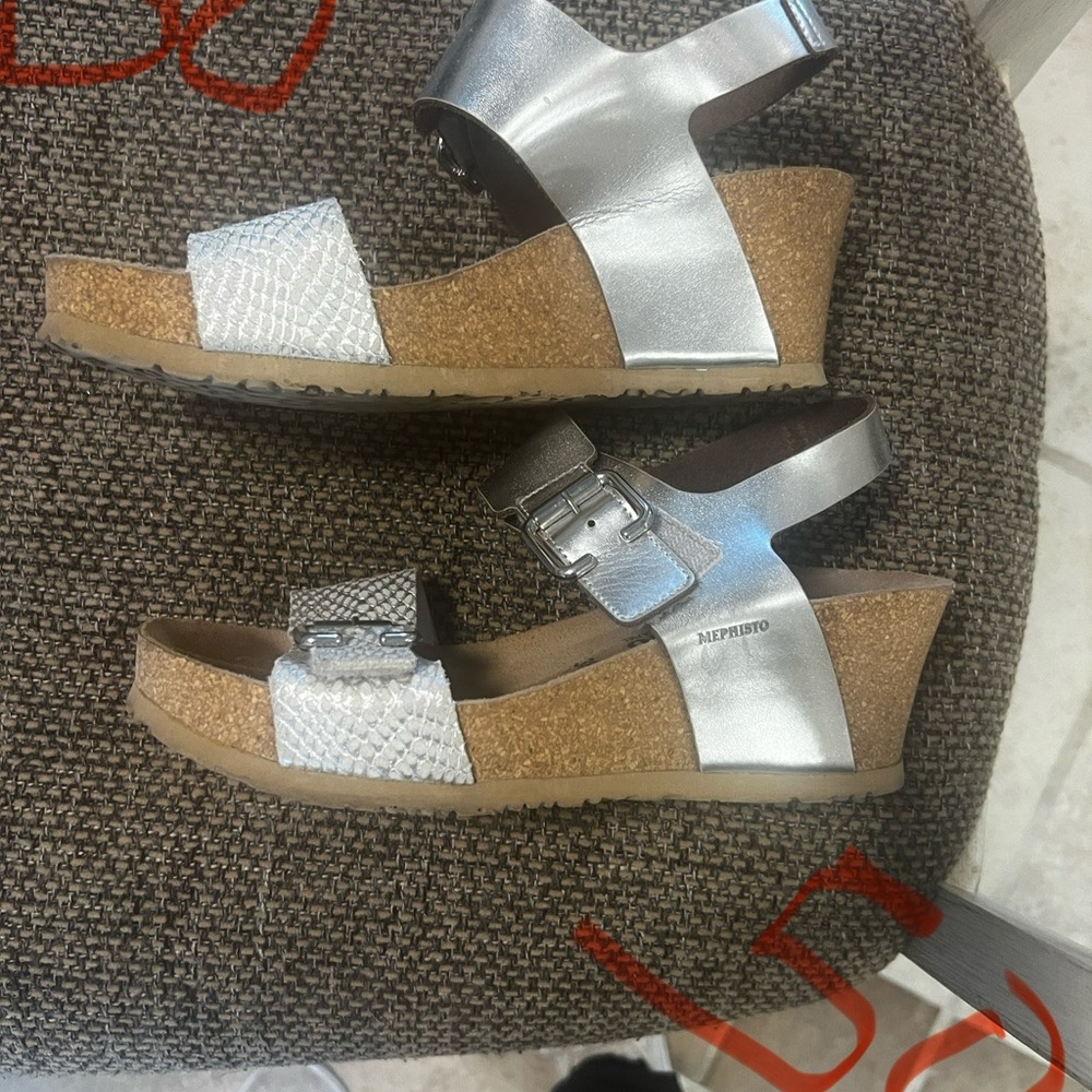 Mephisto Silver Heels with Metallic Straps and Cork Footbed